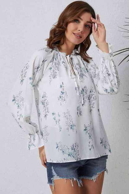 Double Take Floral Tie Neck Flounce Sleeve Blouse