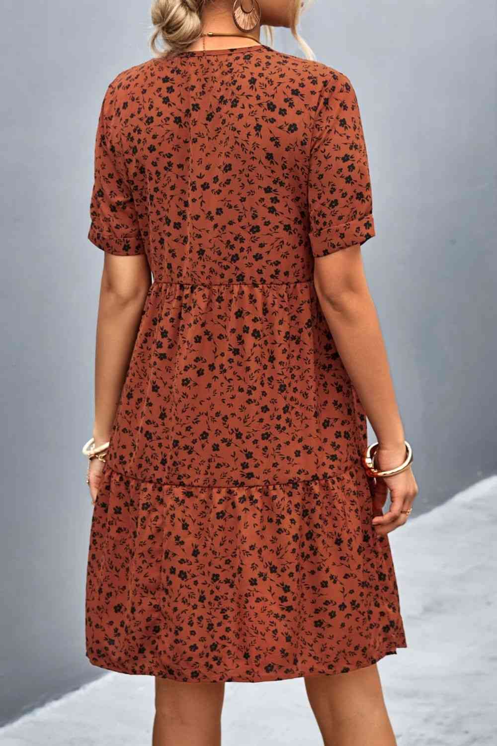 Ditsy Floral Empire Waist Plunge Short Sleeve Dress