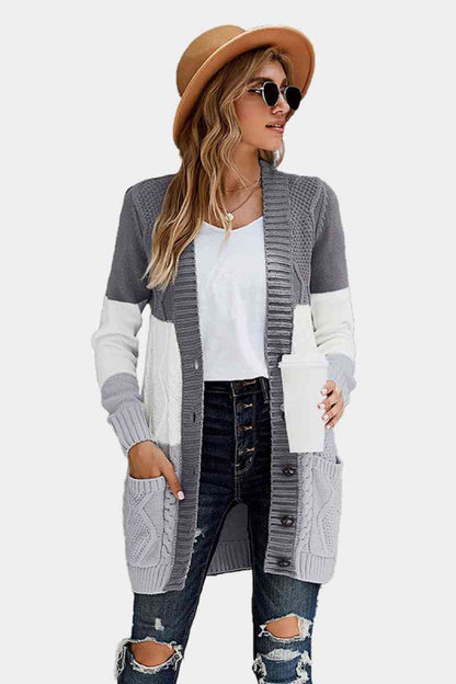 Woven Right Button Pocket Cable Knit Cardigan