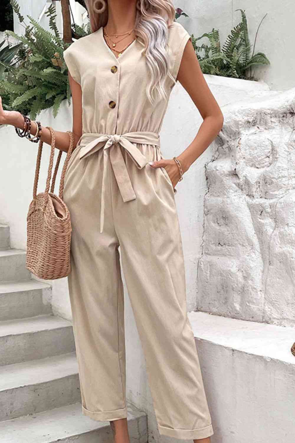 Capped Sleeve Belted V-Neck Jumpsuit