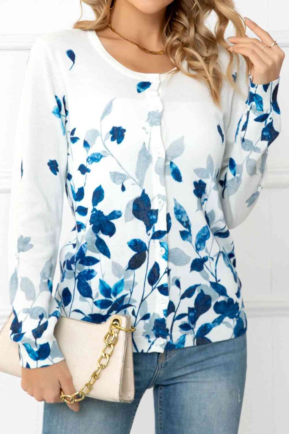 Woven Right Floral Button Front Round Neck Cardigan