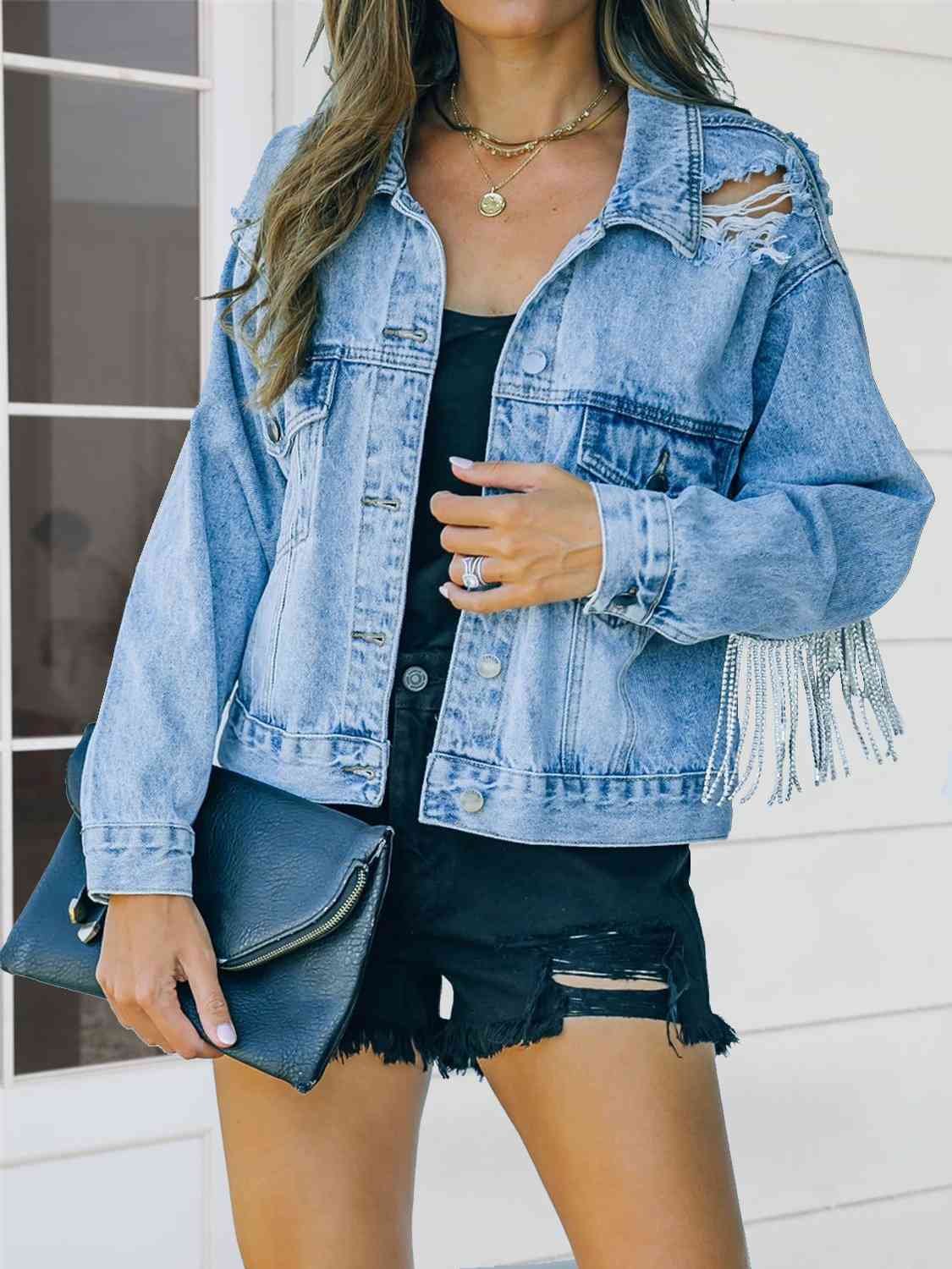 Veste en jean à franges effet vieilli