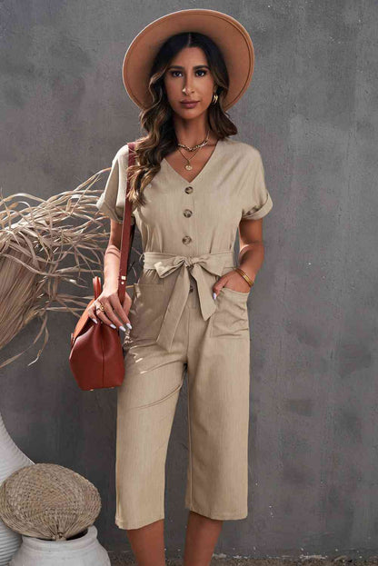 Button Front Belted Cropped Jumpsuit with Pockets