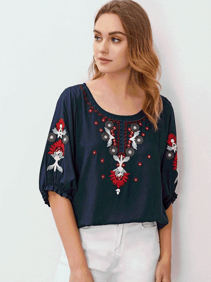 Embroidered Round Neck Flounce Sleeve Blouse