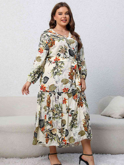 Robe Midi Florale Nouée à Manches Ballon de Grande Taille