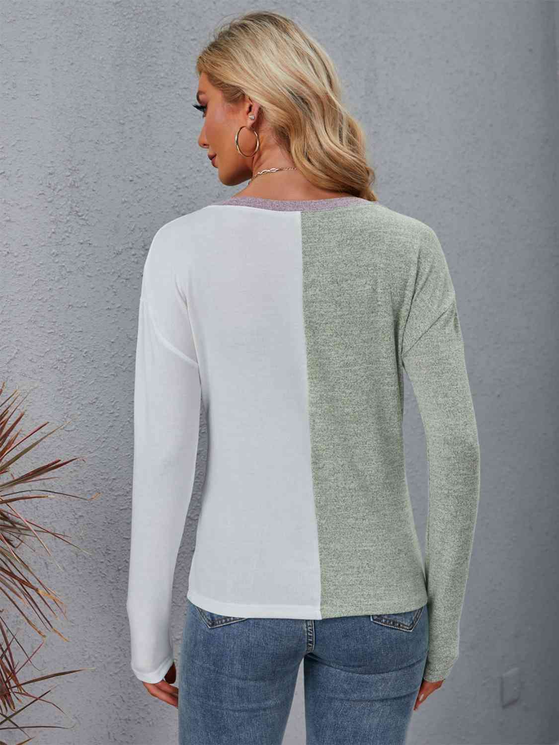 Color Block Round Neck Top with Pocket