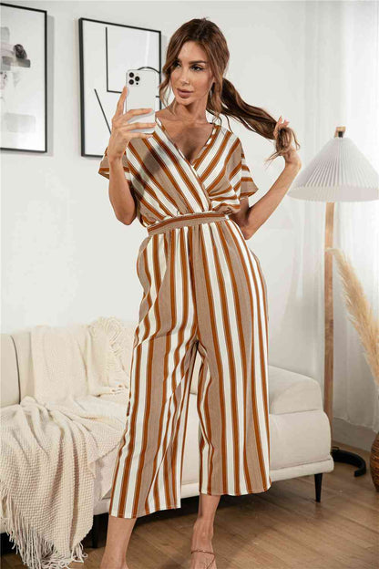 Striped V Neck Wide Leg Jumpsuit