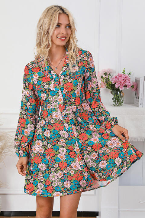 Floral Button Front Collared Neck Shirt Dress