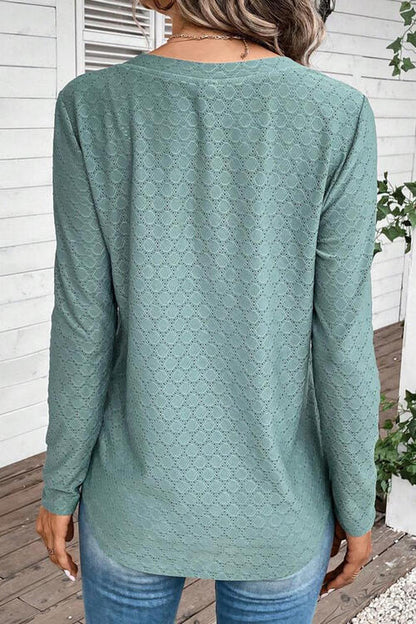 Eyelet V-Neck Long Sleeve T-Shirt