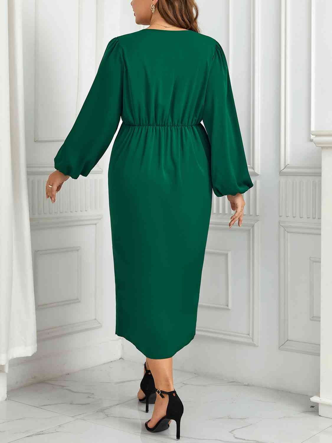 V-Neck Balloon Sleeve Midi Dress