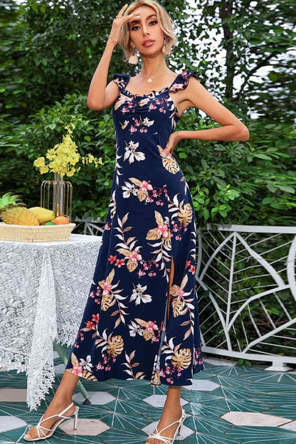 Vestido midi con abertura y cuello cuadrado sin mangas con estampado floral