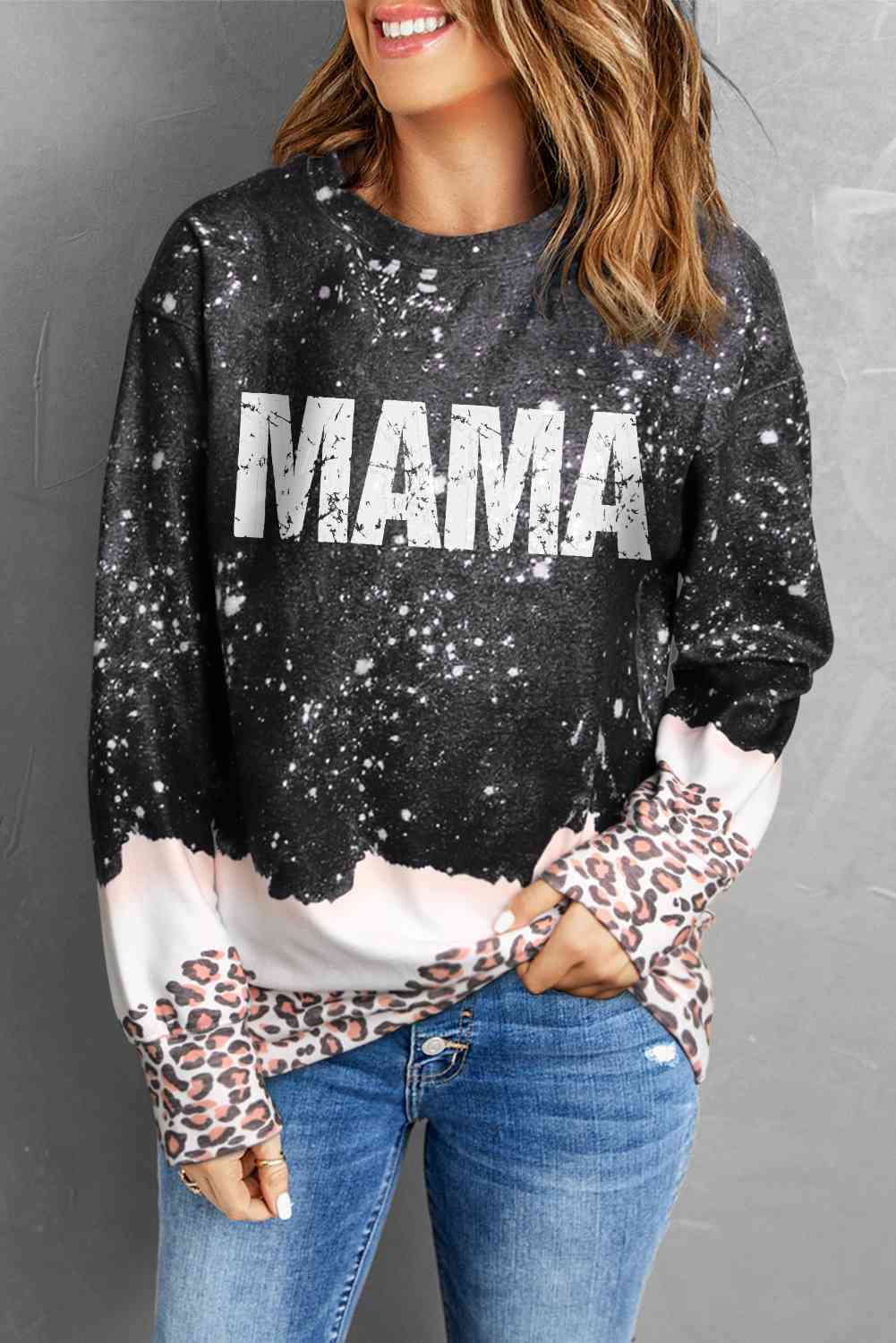 MAMA - Sweat-shirt léopard à col rond et blocs de couleurs
