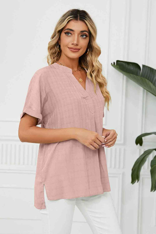 Side Slit Notched Neck Cuffed Short Sleeve Blouse