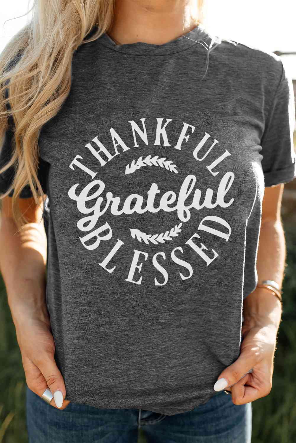 T-shirt graphique à col rond THANKFUL GRATEFUL BLESSED