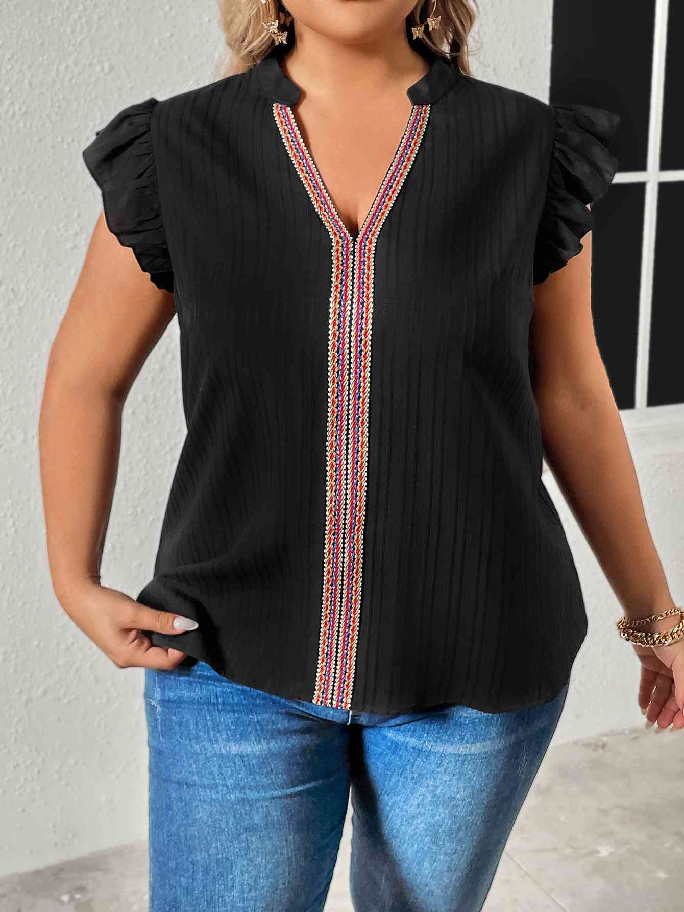 Plus Size Notched Neck Butterfly Sleeve Blouse