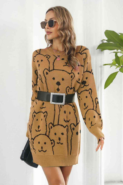 Vestido tipo suéter con cuello redondo y estampado de oso