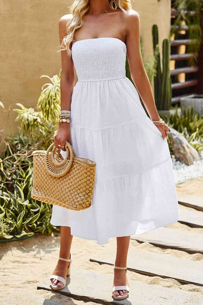 Smocked Strapless Tiered Midi Dress