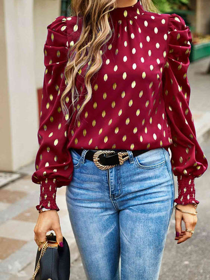 Printed Mock Neck Lantern Sleeve Blouse