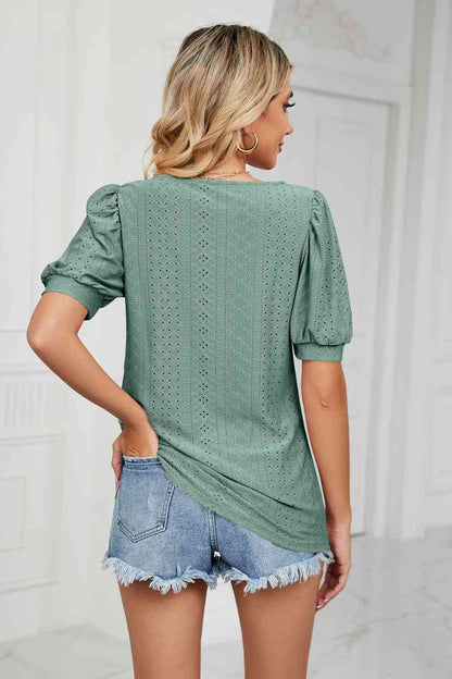 Eyelet Puff Sleeve Round Neck Top