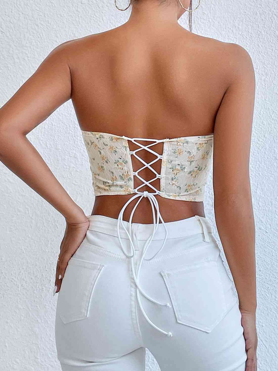 Bustier sans bretelles à lacets et fleurs