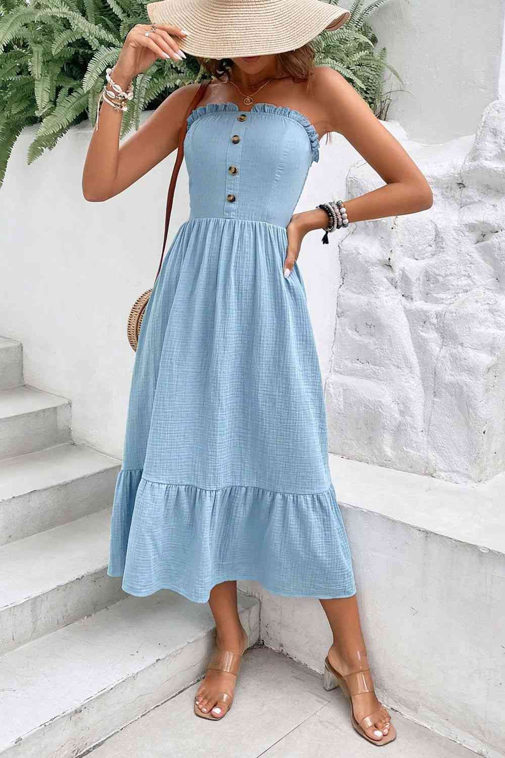 Sweetheart Neck Buttoned Sleeveless Midi Dress