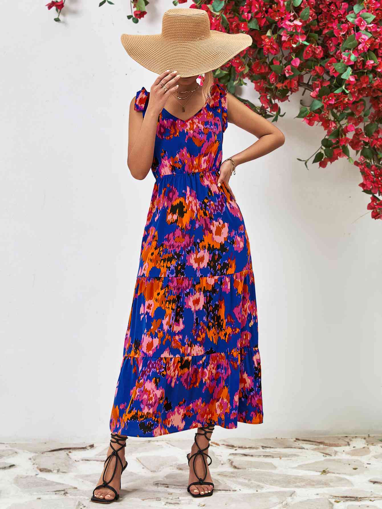 Robe midi multicolore dos nu à col en V