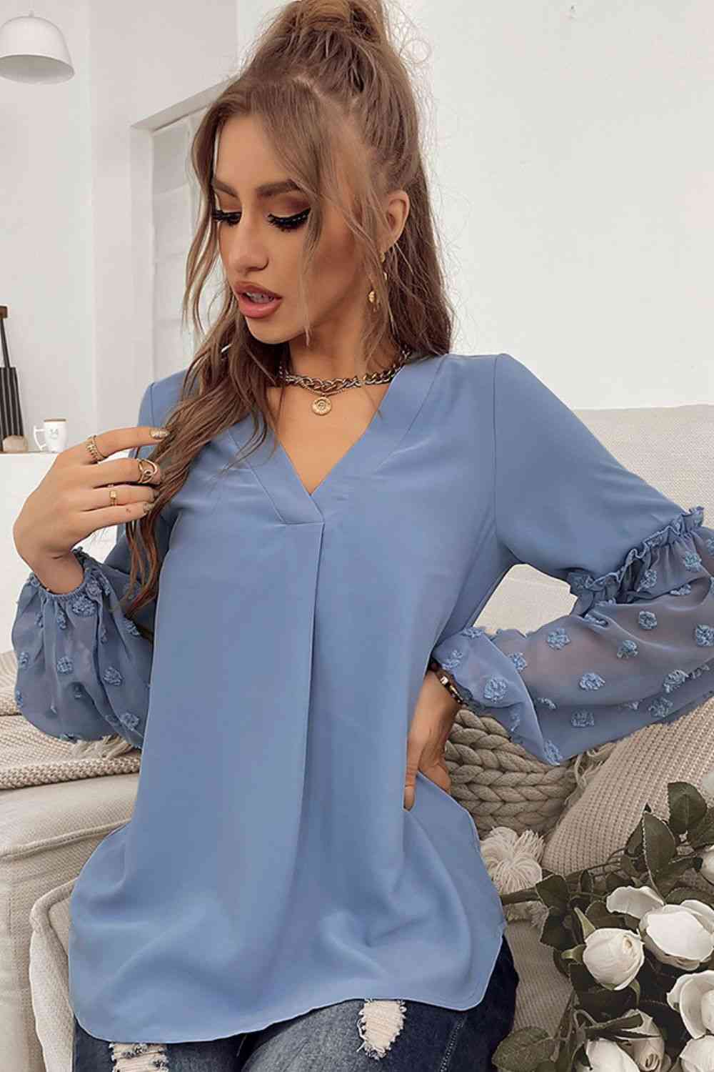 Swiss Dot Balloon Sleeve V-Neck Blouse