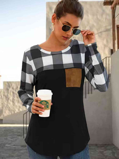 Plaid Round Neck Long Sleeve T-Shirt