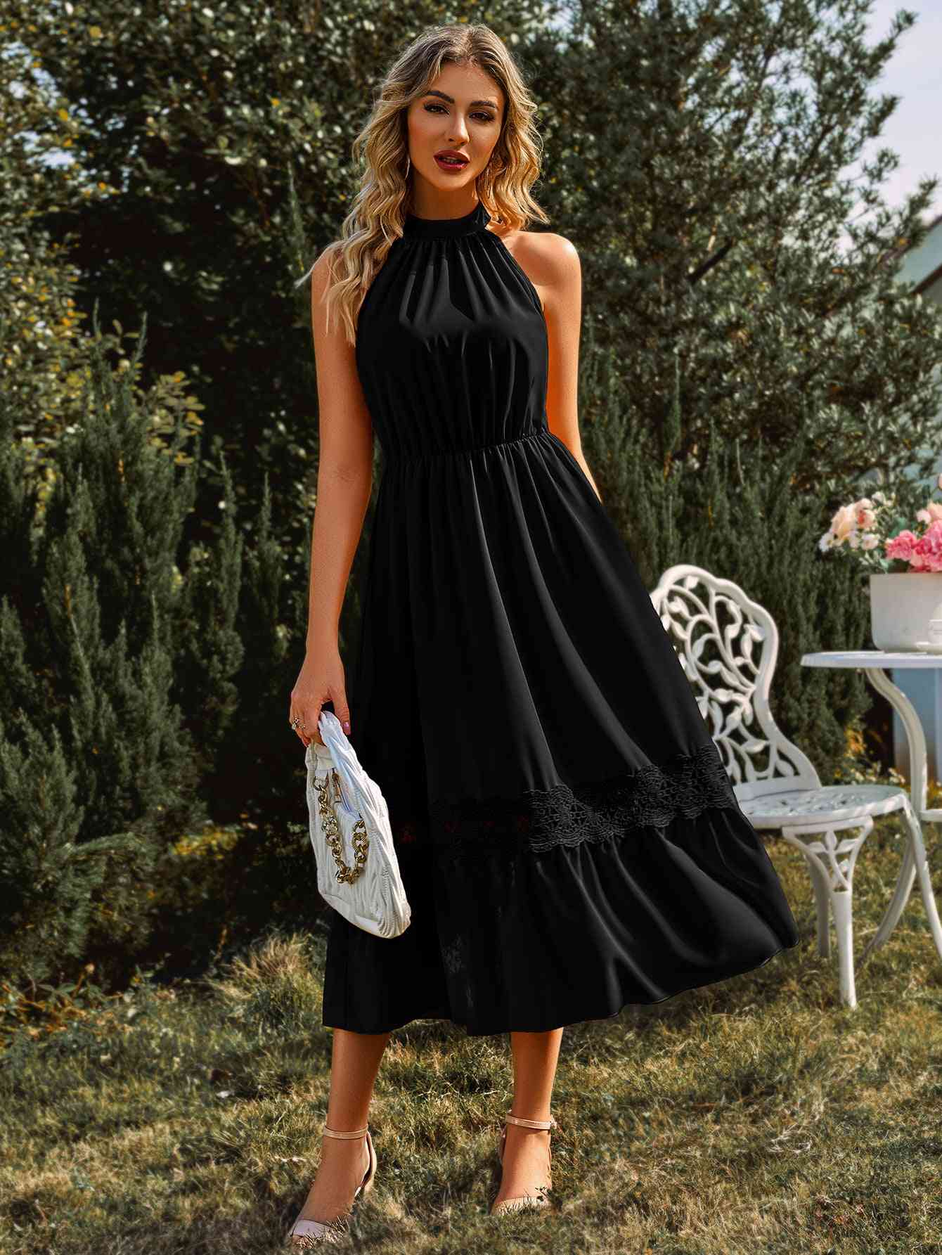 Robe midi en dentelle épissée à col grec