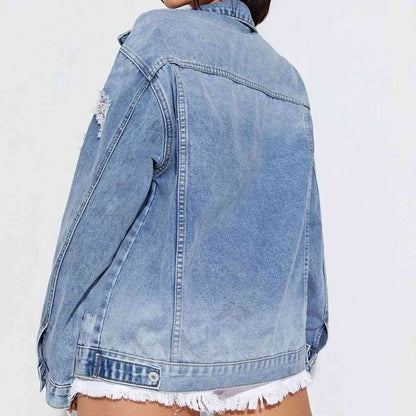 Veste en jean effet vieilli boutonnée à col et col