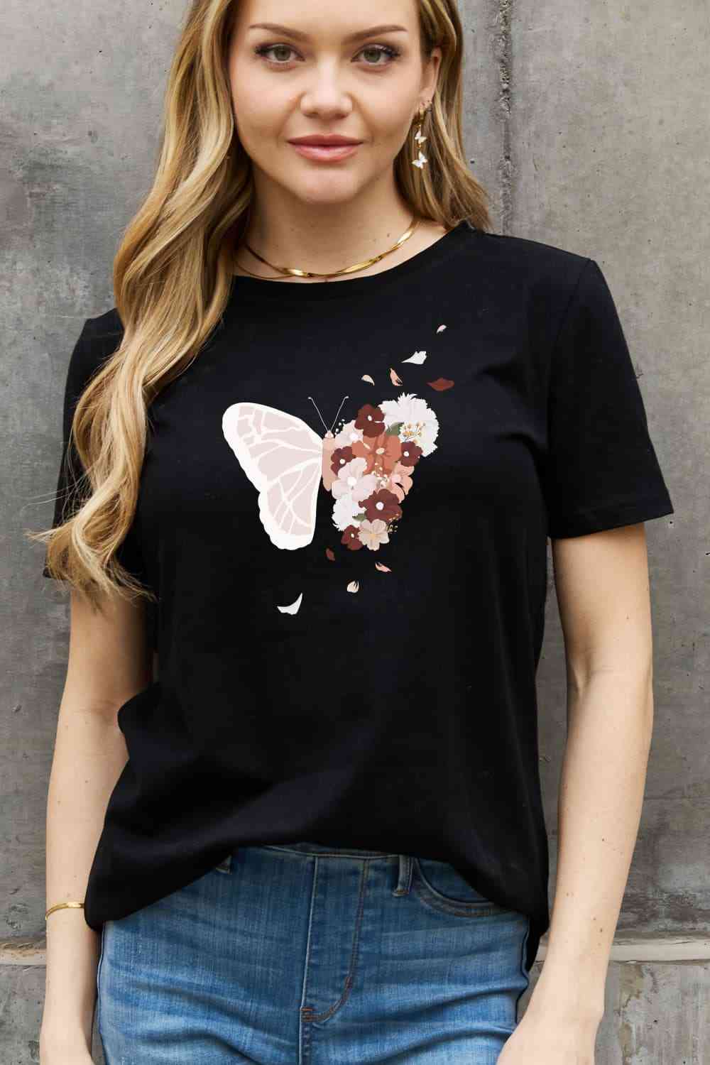 T-shirt en coton à motif papillon pleine grandeur Simply Love