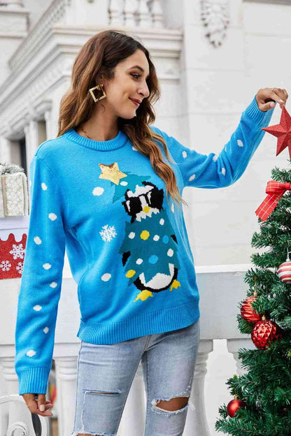 Jersey navideño con lentejuelas y estampado de pingüino