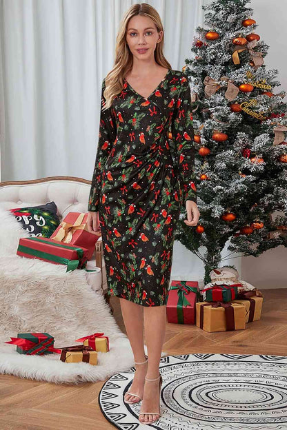 Vestido de manga larga con estampado de elementos navideños