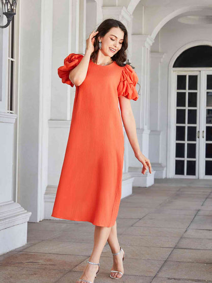 Round Neck Bubble Sleeve Straight Hem Midi Dress