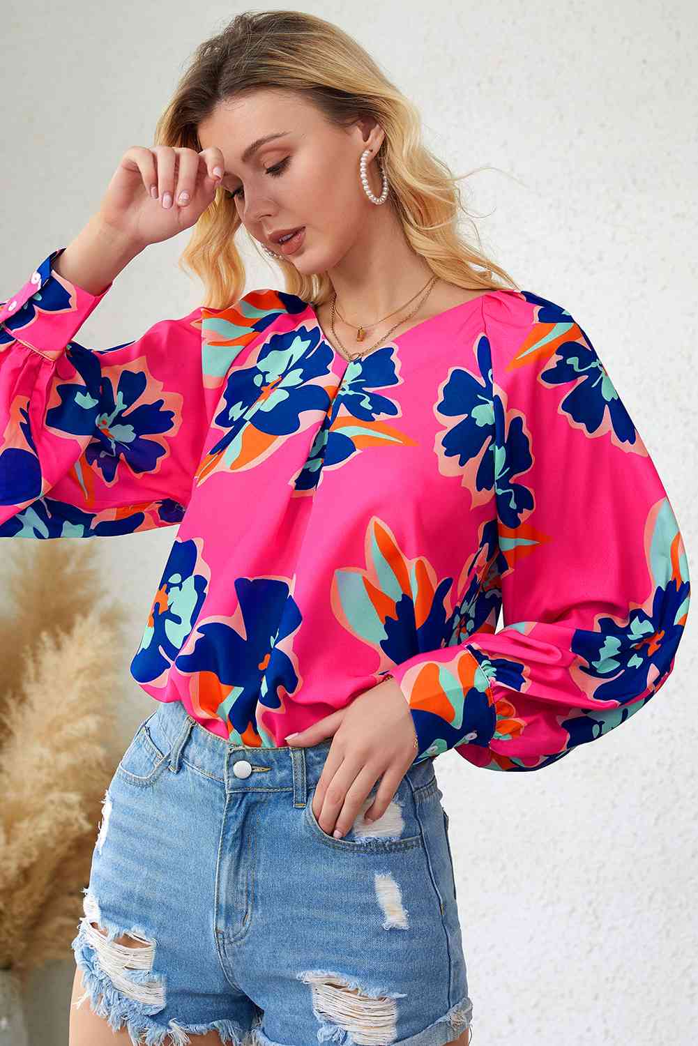 Blouse à imprimé floral et manches lanternes à col en V