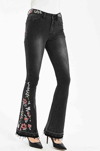 Full Size Raw Hem Flower Embroidery Jeans