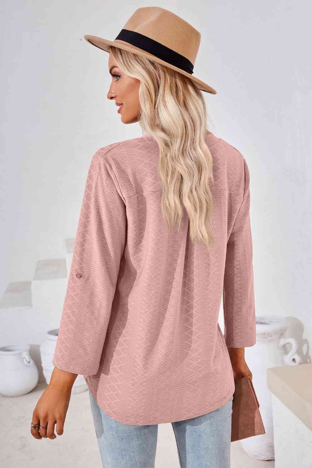 V-Neck Roll-Tap Sleeve Blouse