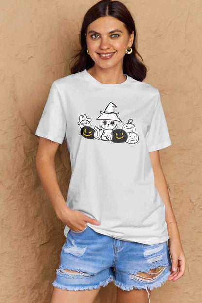 Simply Love T-shirt en coton avec motif chat et citrouille pleine taille