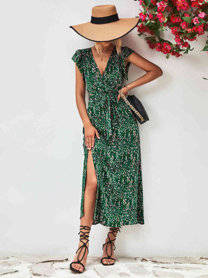 Printed Surplice Neck Flutter Sleeve Slit Dress