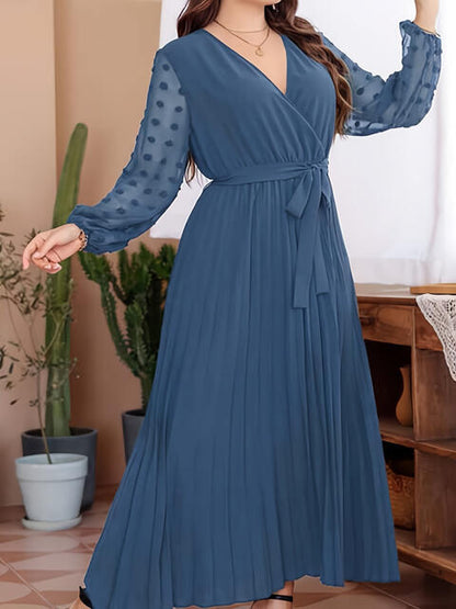 Robe Longue à Pois Suisse avec Lien à la Taille de Grande Taille