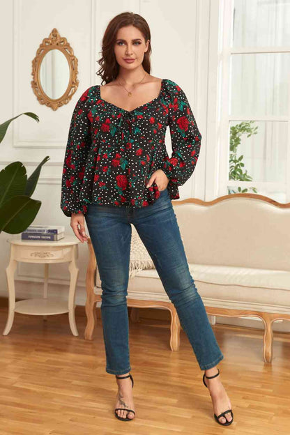 Melo Apparel Blouse florale à manches ballon grande taille