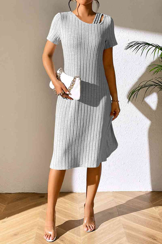 Ribbed Asymmetrical Neck Short Sleeve Dress