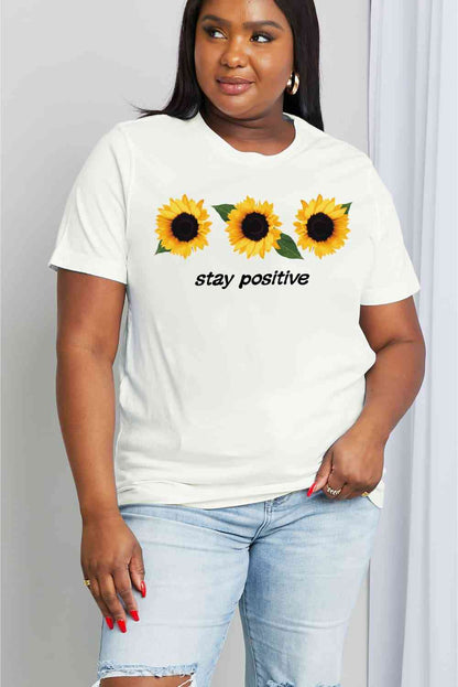 Camiseta de algodón con estampado de girasoles STAY POSITIVE de tamaño completo de Simply Love