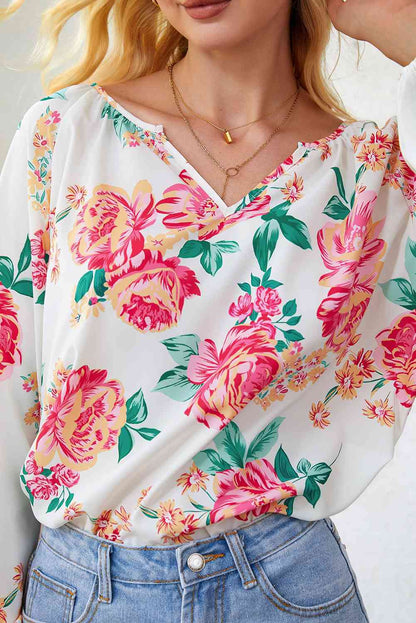 Double Take Floral Notched Neck Long Sleeve Blouse