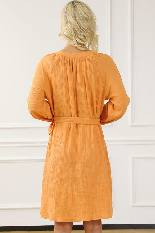 Tied Button Front Balloon Sleeve Dress