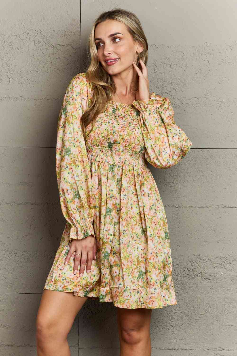 Floral Smocked Square Neck Dress