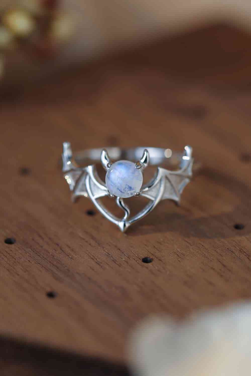 Bague en argent sterling 925 avec pierre de lune et chauve-souris