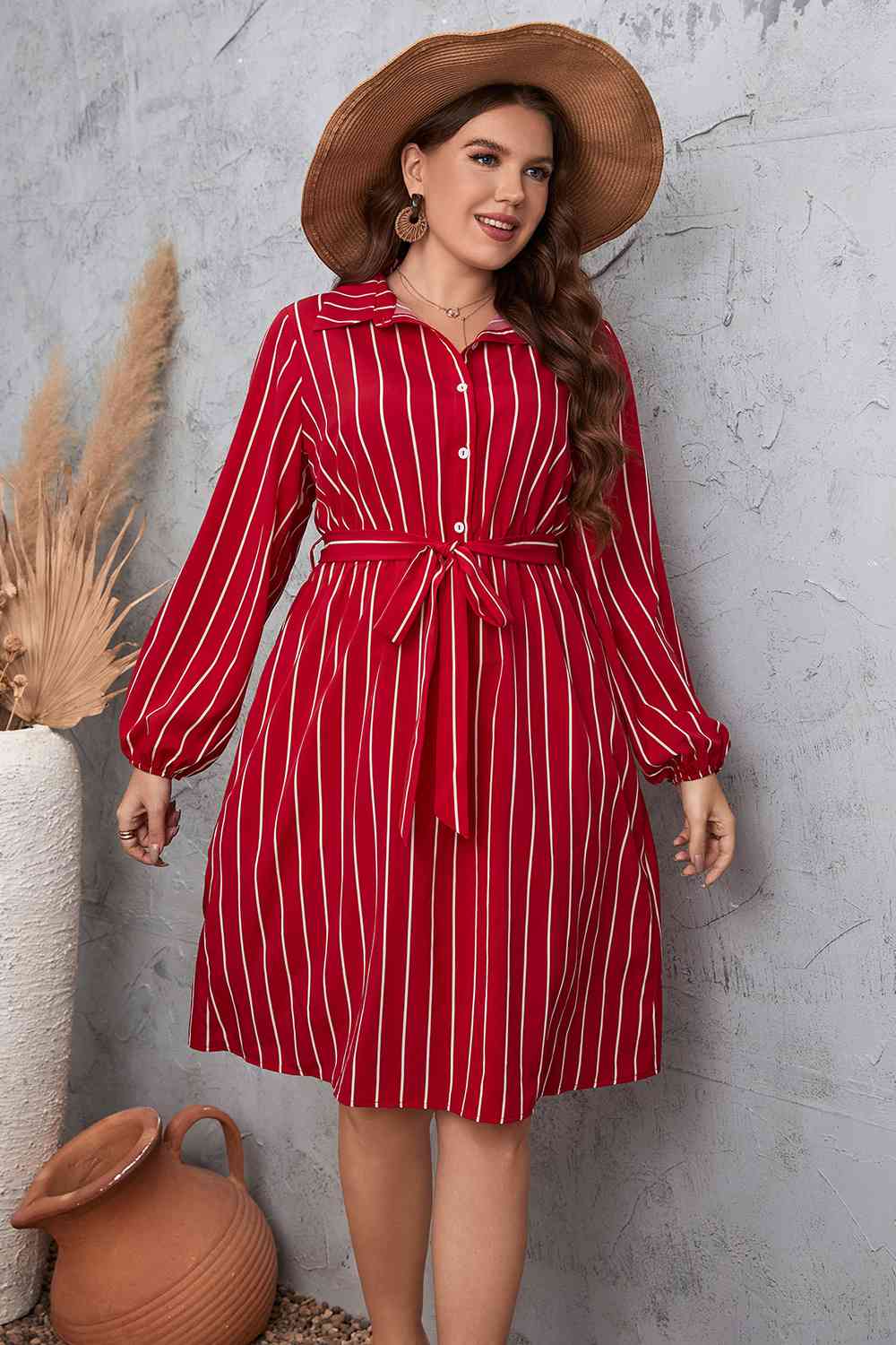 Robe Chemise Rayée Nouée à la Taille de Grande Taille