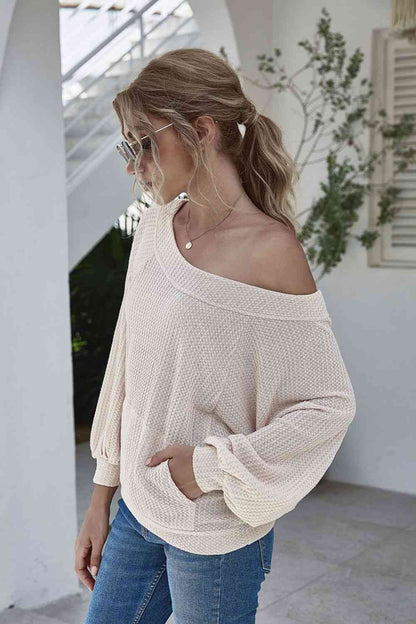 Blouse à manches lanternes en tricot gaufré à col bateau avec poche