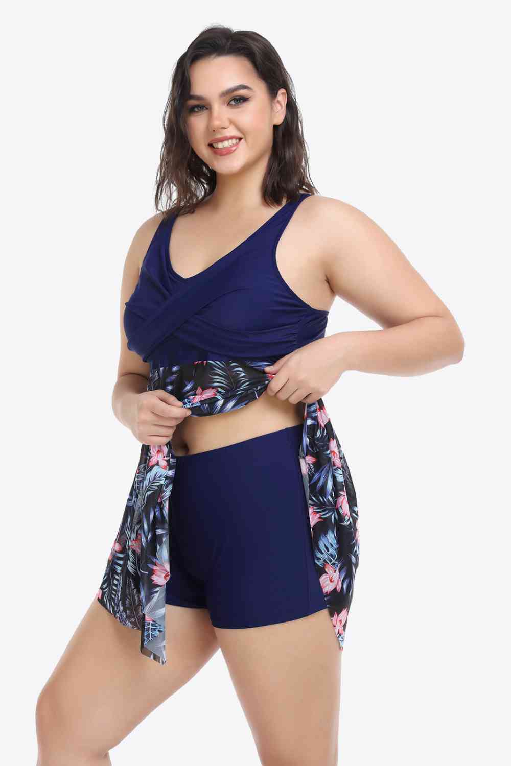 Maillot de Bain Deux Pièces Floral Bicolore à Ourlet Asymétrique de Grande Taille